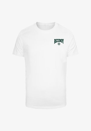 Fehér, rövid ujjú pamut póló, bal mellkason zöld "RIZZBOY" logóval. Egyszerű, klasszikus dizájn.
