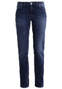 Mörkblå raka jeans tillverkade av denim. Har fem fickor, dragkedja och en klassisk knappstängning i midjan.