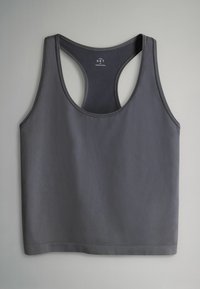 Tmavosivý tielkový top s okrúhlym výstrihom a širokými ramienkami. Hladká, elastická látka s minimálnymi švami a rovný lem.