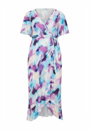 Kietaisumekko lyhyillä hihoilla, solmittava vyötärö, röyhelöhelma, jossa abstrakti vesivärikuvio sinisissä, violeteissa ja valkoisissa sävyissä.