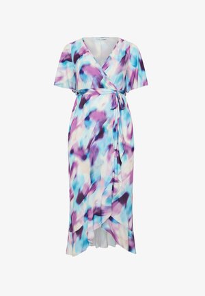 Kietaisumekko lyhyillä hihoilla, solmittava vyötärö, röyhelöhelma, jossa abstrakti vesivärikuvio sinisissä, violeteissa ja valkoisissa sävyissä.