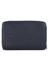 Portefeuille en cuir marine avec une finition texturée, doté d'une fermeture éclair dorée et d'une forme rectangulaire pour un rangement pratique.