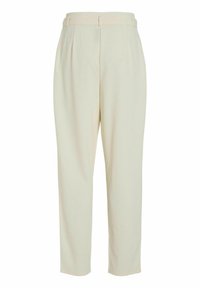 Kreemivärvi püksid kõrge vöökohaga, millel on voltide detail, sujuv tekstuur ja kohandatud lõige, mis lõppeb kitseneva jalaga.