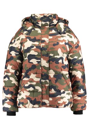 Doudoune camouflage comprenant un mélange de couleurs marron, vert et crème, avec une capuche et des poignets côtelés. Son design matelassé ajoute de la texture.