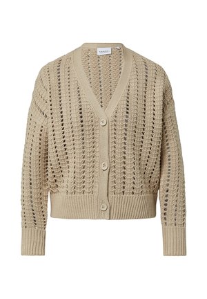 Beige gebreide cardigan met luchtig patroon, V-hals, lange mouwen, geribde boorden en zoom, en drie knopen aan de voorkant.