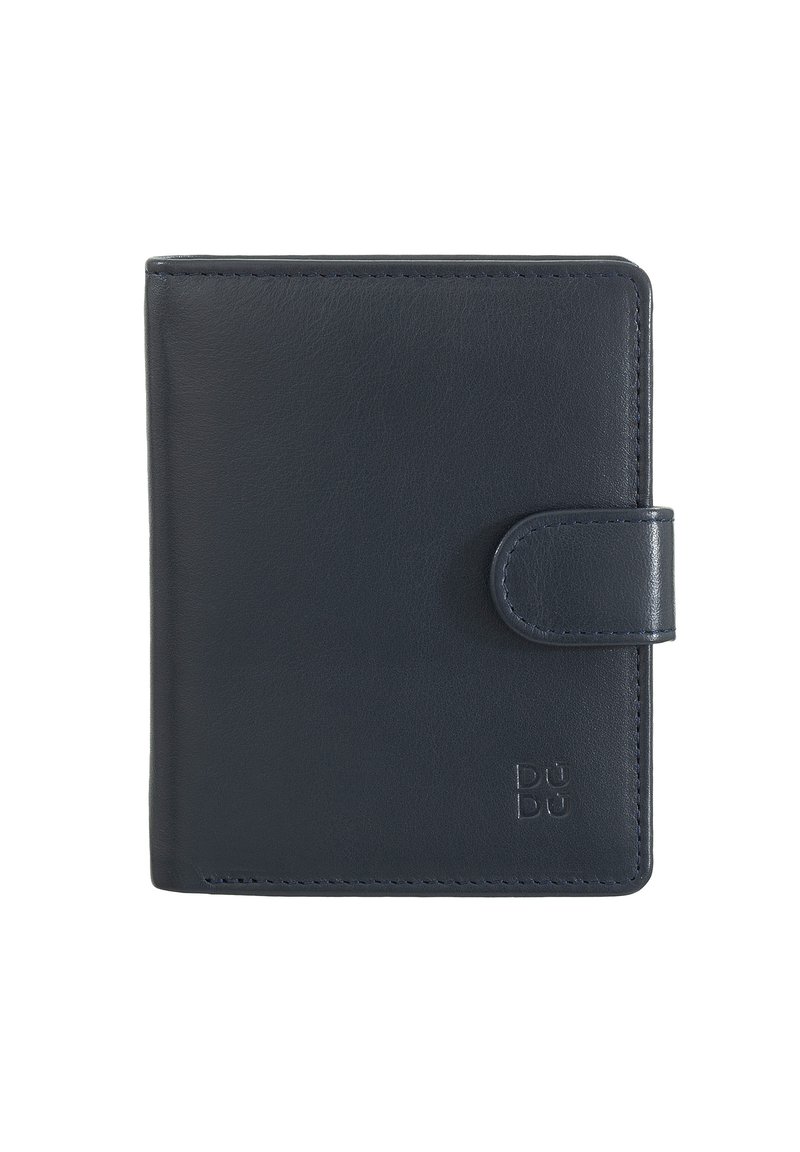 Navy blue leather wallet with a smooth texture, rectangular shape, and a button closure. Features embossed brand logo on the front.