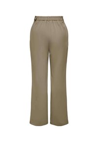 Pantalons évasés beiges en tissu lisse, dotés d'une taille élastique et sans poches visibles. Le design est minimaliste et neutre.