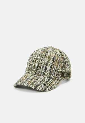 Textured fabric baseball cap with green, beige, and black weave pattern, featuring a curved brim and a subtle embroidered logo on the side.