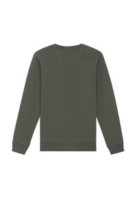 Dunkelgrüner, langärmeliger Sweatshirt mit Rundhalsausschnitt, gerippten Bündchen und Saum. Glatte Textur und einfaches Design ohne sichtbare Muster.