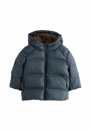 Dark blue padded winter jacket with hood and front zipper, designed for cold weather, shown on a white background.