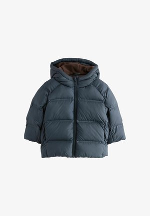 Dark blue padded winter jacket with hood and front zipper, designed for cold weather, shown on a white background.