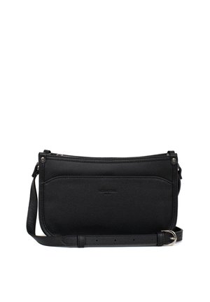 Borsa a tracolla in pelle nera con una texture liscia, tracolla regolabile, tasca con zip frontale e dettaglio del logo discreto sul lato.
