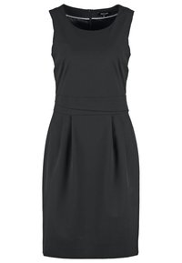 Robe noire sans manches, longueur genou, avec encolure ronde, couture cintrée à la taille et fermeture éclair au dos.