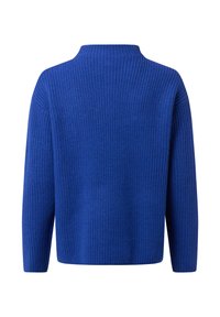 Blauwe gebreide trui met hoge hals, lange mouwen en een gestructureerd patroon. De achterkant heeft een ontspannen pasvorm en ribbeldetails.