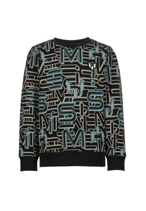 Sort sweatshirt med blå og hvide abstrakte bogstaver og formmønster, med ribstrikkede ærmeafslutninger og kant.