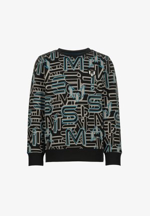 Sweat-shirt noir avec un motif abstrait de lettres et formes en bleu et blanc, doté de poignets et d'un ourlet côtelés.