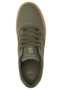 Olivgrüner Canvas-Sneaker mit brauner Gummisohle. Zu den Merkmalen gehören flache Schnürsenkel, strukturierte Oberfläche und ein Logo auf der Innensohle.
