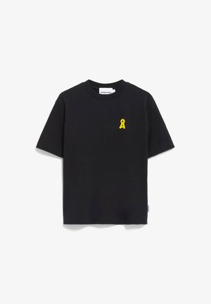 Schwarzes Baumwoll-T-Shirt mit kurzen Ärmeln, ausgestattet mit einem kleinen gelben Ribbons-Logo auf der linken Brust und einem klassischen Rundhalsausschnitt.
