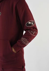 Sudadera burdeos con un bolsillo frontal; presenta tres parches distintos en las mangas, incluyendo un logo y patrones de líneas estilizados. Fabricada con un tejido suave.