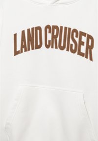 Fehér kapucnis pulóver nagy barna "LAND CRUISER" hímzéssel. Kanguru zsebbel és sima tapintású anyagból.