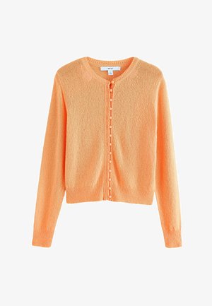 Lühikeste varrukatega avatud kudum, ereoranž, ümar kaelus, tekstuuriga kangas ja rida korallpunaseid nuppe ees.