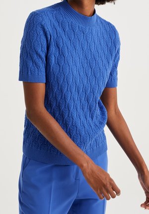 Person wearing a blue short-sleeve cable-knit sweater paired with blue pants, standing against a plain light background.