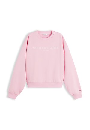 Sweatshirt Tommy Hilfiger rose à manches longues avec col rond, poignets et ourlet côtelés, et texte logo blanc "Tommy Hilfiger EST. 1985" sur le devant.