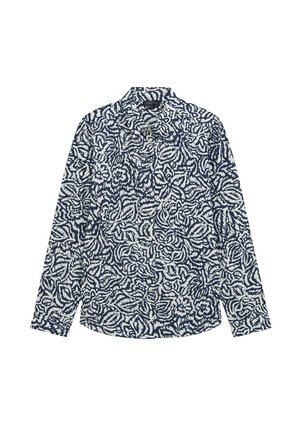 Langarmshirt met een marineblauw en wit bloemenpatroon, met knoopkraag en een zachte stoftextuur. Ontspannen pasvorm met afgeronde zoom.