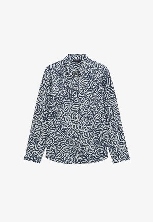 Langarmshirt met een marineblauw en wit bloemenpatroon, met knoopkraag en een zachte stoftextuur. Ontspannen pasvorm met afgeronde zoom.