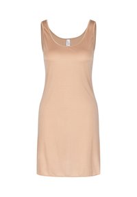 Abito nudo senza maniche con scollo rotondo, realizzato in tessuto liscio, caratterizzato da una linea dritta e un design minimalista senza motivi visibili.