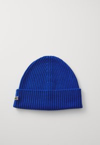 Blue knit beanie with vertical ribbed texture. Features a folded cuff and a small logo accent on the side. Soft and stretchy fabric.