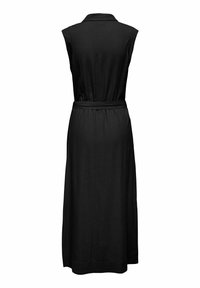 Robe midi noire sans manches avec col et ceinture à la taille, vue de dos sur fond blanc.