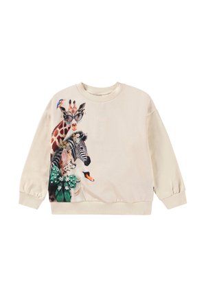 Sweatshirt beige présentant une illustration colorée de divers animaux, dont une girafe, un zèbre, un chat et un cygne, avec des accents décoratifs.