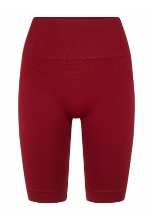 Nahtlose, hoch taillierte Radlerhosen in Burgunderrot mit strukturiertem Strickmuster und mittellanger Oberschenkellänge.