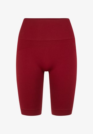 Nahtlose, hoch taillierte Radlerhosen in Burgunderrot mit strukturiertem Strickmuster und mittellanger Oberschenkellänge.
