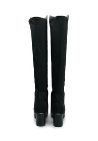 Pair of black knee-high boots with block heels, viewed from the back on a white background.