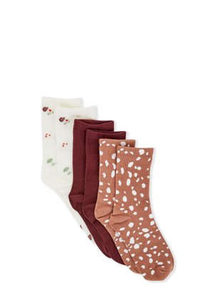 Cinco pares de calcetines: color crudo con pequeños patrones florales, burdeos y marrón con lunares blancos; texturas variadas; material de algodón.