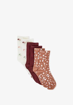 Cinco pares de calcetines: color crudo con pequeños patrones florales, burdeos y marrón con lunares blancos; texturas variadas; material de algodón.
