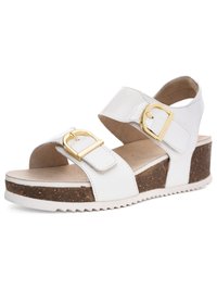 White wedge sandal with cork sole, two gold buckle straps across foot and ankle, and a textured white rubber outsole.