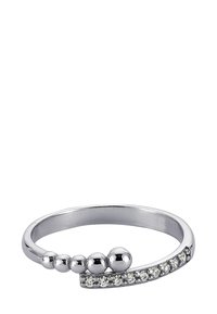 Bague en argent ornée de trois perles sphériques sur un côté et d'une rangée de pierres claires incrustées le long de l'anneau. Finition lisse et polie.