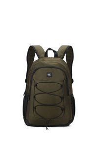 Sac à dos vert olive avec des bretelles rembourrées. Dispose d'une poche centrale zippée, de poches latérales en mesh et d'un cordon élastique à l'avant pour un rangement supplémentaire.