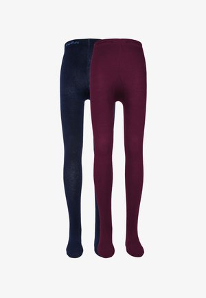 Collant opachi in blu navy e bordeaux. Texture morbida con una leggera lucentezza, dotati di cintura elastica. Nessun motivo o dettaglio visibile.