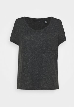 Donkergrijs T-shirt met korte mouwen, een ronde hals en een subtiele gemêleerde textuur, plat weergegeven op een witte achtergrond.