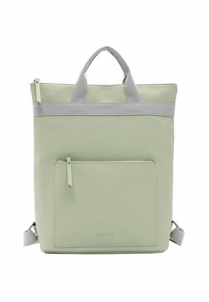 Green vegan leather backpack with grey accents, dual top handles, and a front zip pocket. Features adjustable straps and a smooth texture.