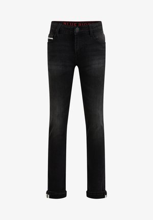 Schwarze Slim-Fit-Jeans mit umgeschlagenen Säumen, Fünf-Taschen-Design, Knopfverschluss und dezentem Verblassen an Oberschenkeln und Knien.
