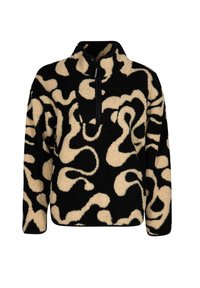 Pull en polaire noir et beige avec une fermeture éclair quart, arborant un motif ondulé. Le tissu est doux et texturé, offrant chaleur et confort.