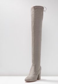 Bota de ante gris hasta la rodilla con tacón cuadrado, que presenta una textura suave y detalles de costura mínimos. La parte superior tiene una puntera redondeada.