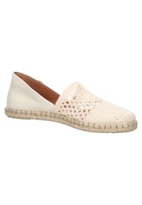 Chaussure espadrille slip-on avec dessus en crochet beige et semelle en jute tissée, présentant un bout fermé et un petit talon.