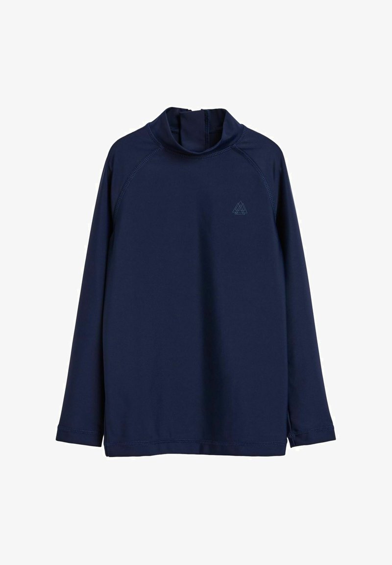 Marineblaues Langarmhemd aus glattem Stoff, ausgestattet mit einem hohen Kragen, Raglanärmeln und einem kleinen Logo auf der Brust.