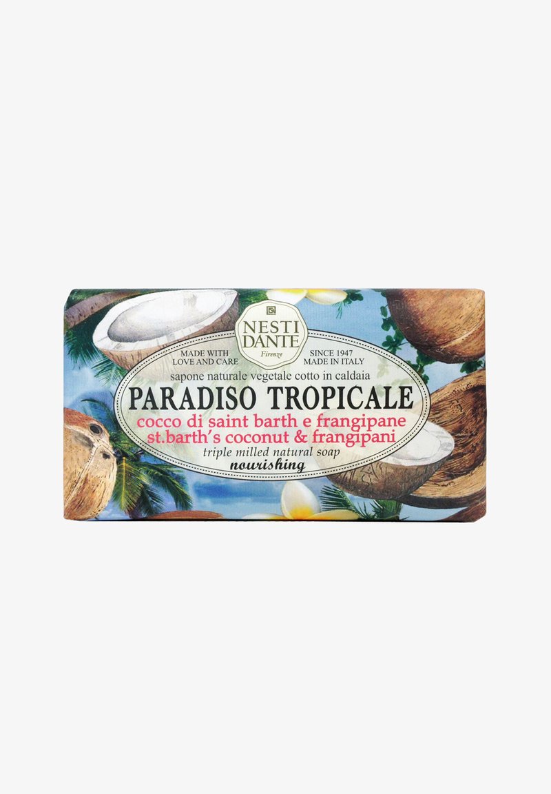 Nesti Dante Paradiso Tropicale Seifenstück mit Kokos- und Frangipani-Design, bezeichnet als nährend, hergestellt in Italien, natürliche Dreifachkaltgeriebenes Pflanzenölseife.